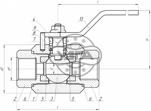 Кран шаровой разборный трехсоставной муфтовый Dn 10 Pn 160 09Г2С 11лс45п